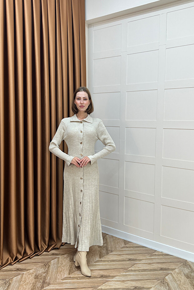 Endam Düğmeli Triko Elbise Taş - 6