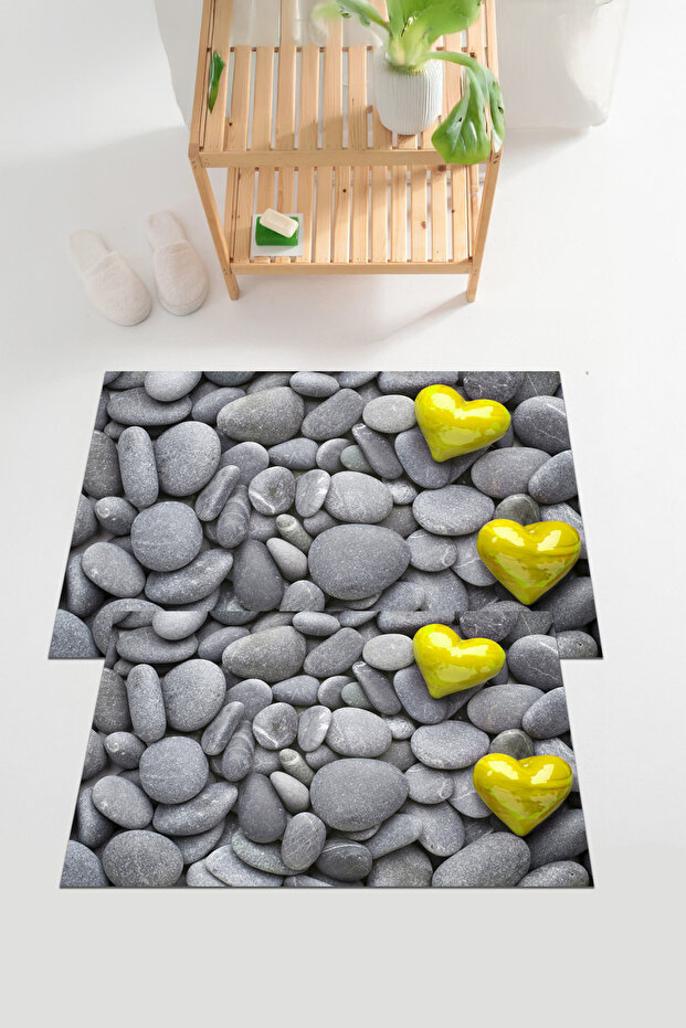 Digital Printed Washable and Non-Slip Base Heart Stone Model Bath Mat Toilet Set