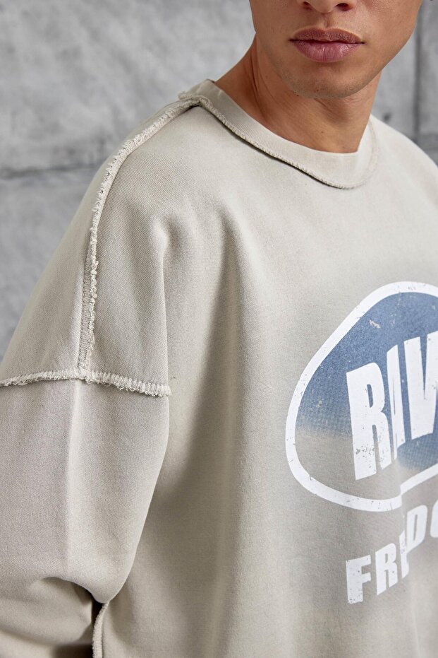 Erkek Krem RAW BASKILI OVERSIZE SWEATSHIRT - 5