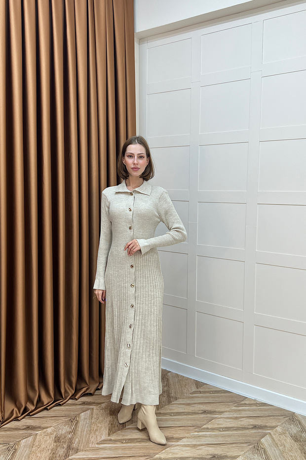 Endam Düğmeli Triko Elbise Taş - 1