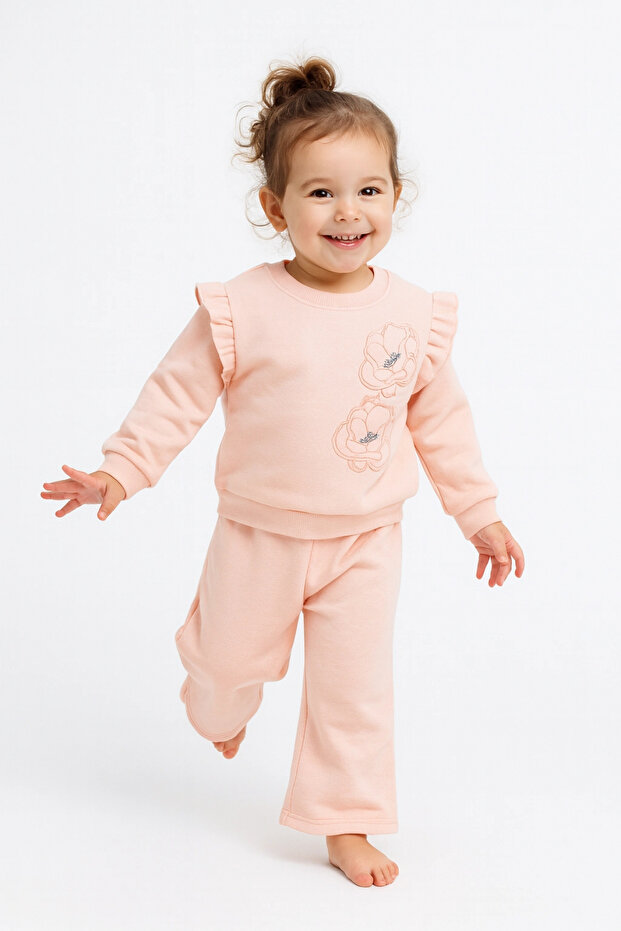 Divonette Kız Çocuk Sweatshirt Şardonlu Kumaş Pembe Uzun Kollu Çiçek Desenli Çocuk Sweat