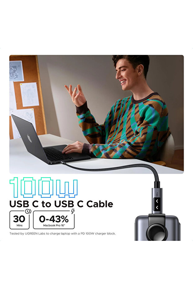 Uno USB-C 100W 5A QC PD Örgülü Hızlı Şarj Kablosu, 1 Metre, Siyah, 35501 - 2