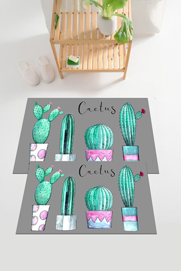Digital Printed Colorful Cactus Model Bath Mat Toilet Set with Washable and Non-Slip Base