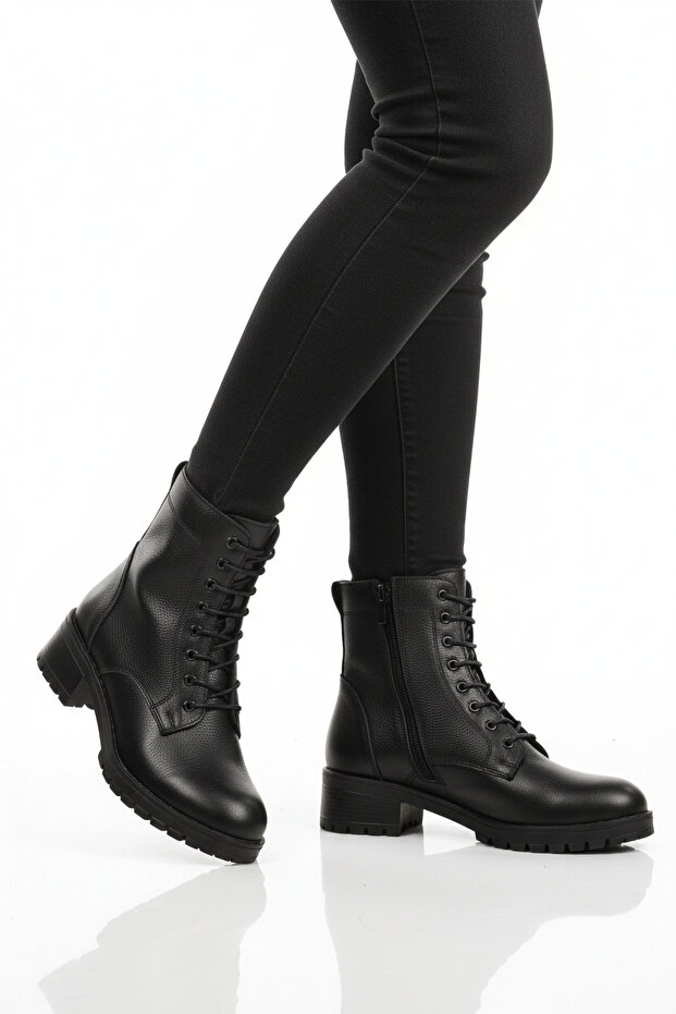 Black Genuine Leather Lace-Up Women's Boots 2680-1 Z