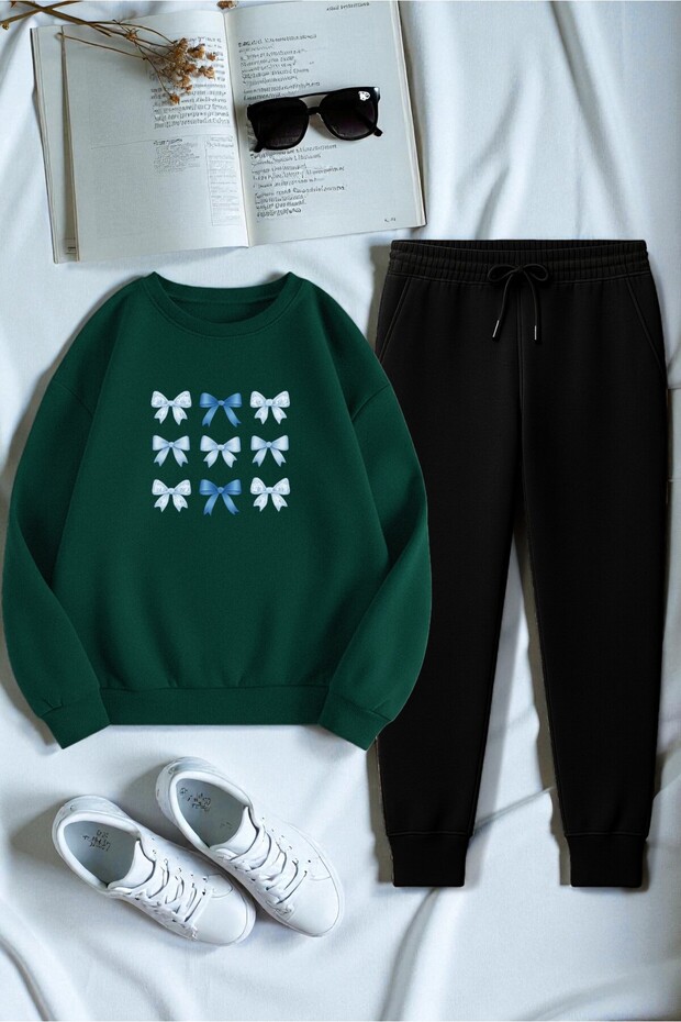Unisex Ribbon Design Printed Crew Neck Sweatshirt 2-Piece Tracksuit Set