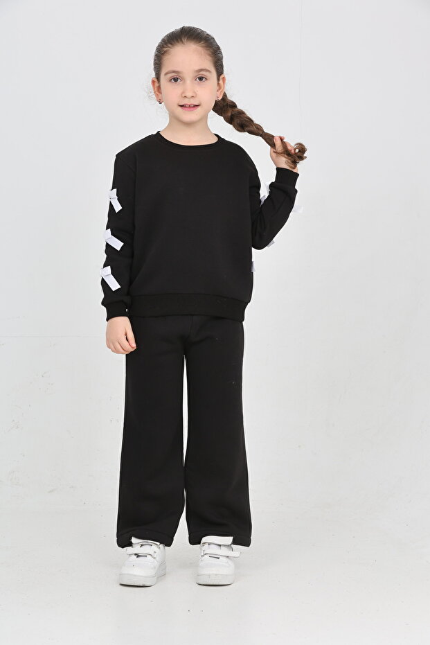 Girl's 3 Thread Ş Fleece-Lined Basic Sweatshirt with Ribbon Detail - Loose Fit Palazzo Tracksuit Set