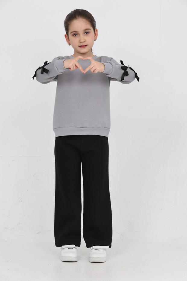 Girl's 3 Thread Ş Fleece-Lined Basic Sweatshirt with Ribbon Detail - Loose Fit Palazzo Tracksuit Set