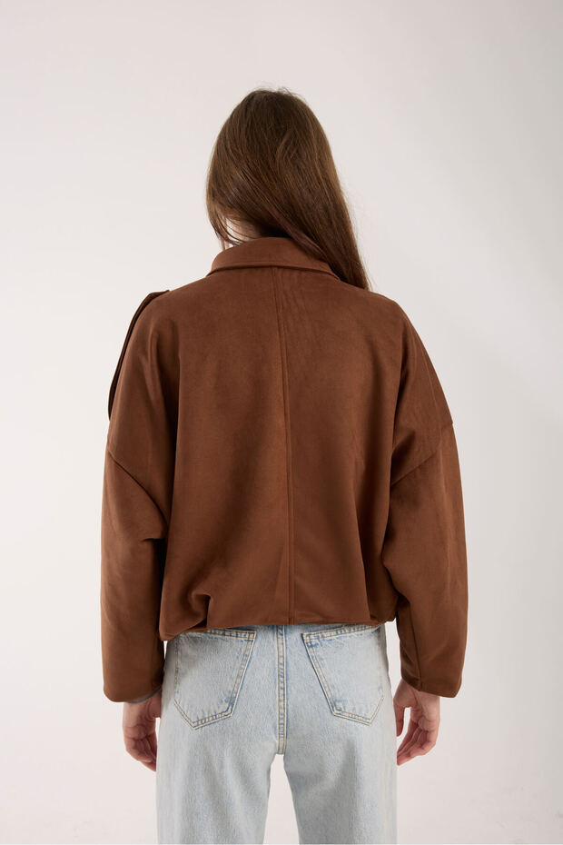 Kadın Taba Cepsiz Süet Oversize Bomber Ceket - 8