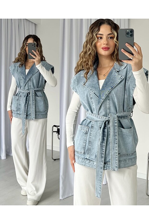Belted Luxury Quality Light Blue Denim Vest Jacket with Pocket Detail