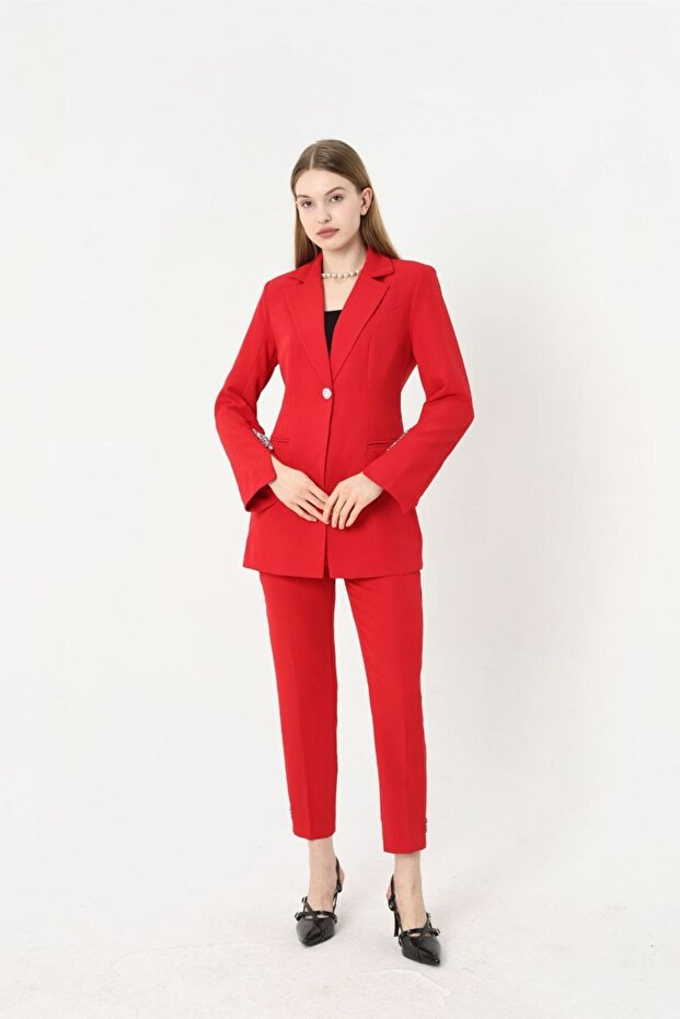 Double Fabric Stone Detailed Sleeve and Leg Ankle Women's Suit