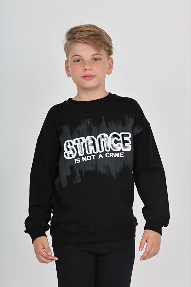 سويت شيرت أسود للأولاد من نوع Relax Fit Crew Neck مطبوع - 2 Thread