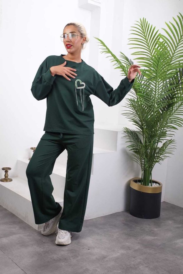 Round Neck Beaded Heart Figured Single Jersey Casual Sports Set