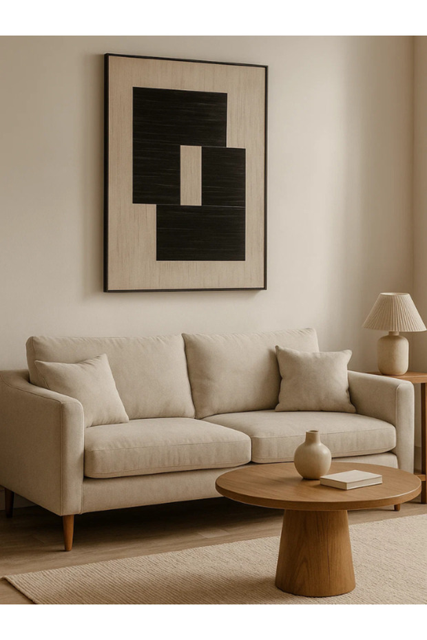 لوحة فنية تجريدية حديثة على الحائط - 120×80 سم، ديكور هندسي بإطار من القماش باللونين البيج والأسود