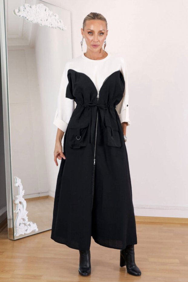 Women's Black and White Long Dress with Modal Fabric on the Top and Parachute Fabric on the Bottom, Zipper Closure