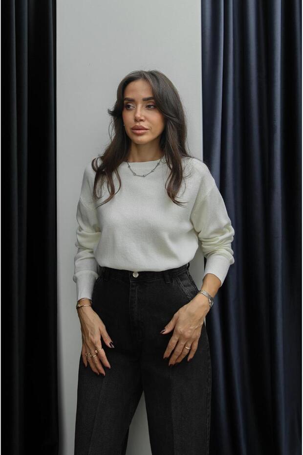 Ecru Wool Basic Knit Sweater - 3