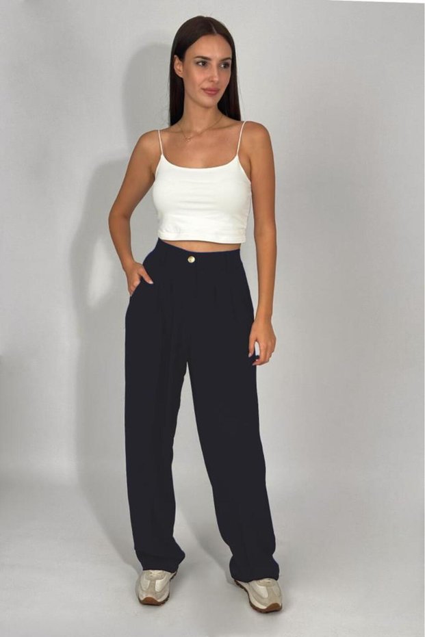 Women's Buttoned Pocketed Wide Leg Pleated Palazzo Pants Navy Blue