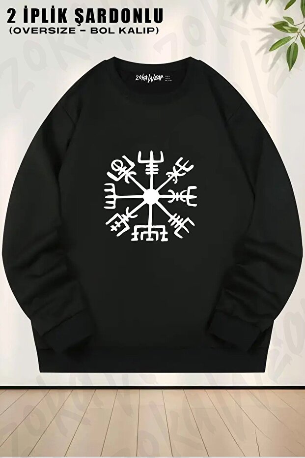 سويت شيرت يونيسكس من نوع Viking Compass Vegvisir مطبوع قصة فضفاضة برقبة دائرية