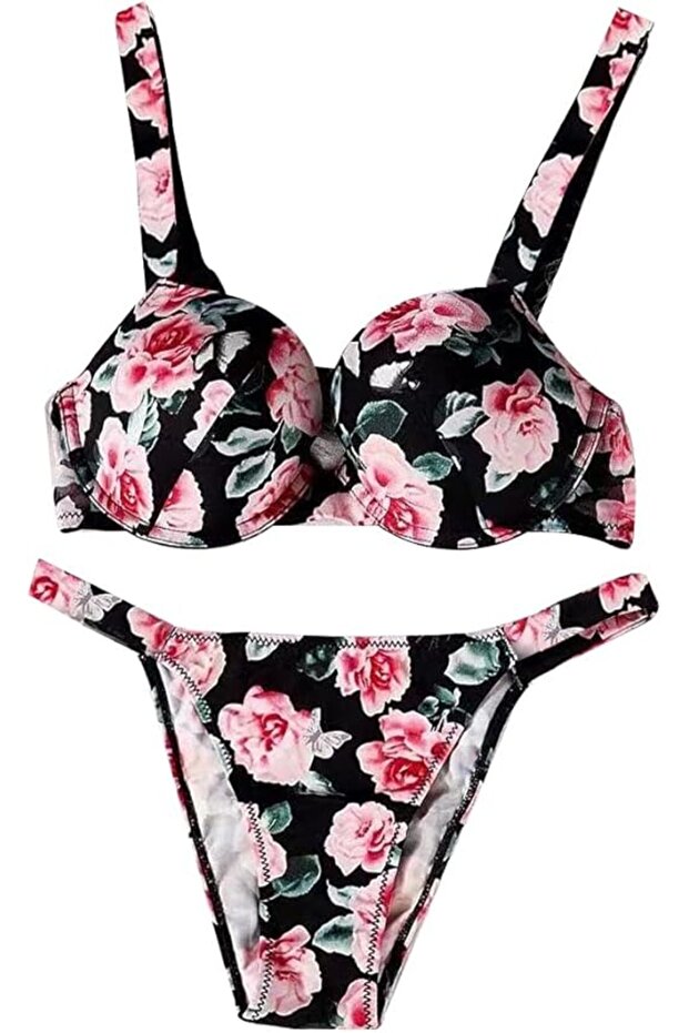 Rose Printing Ladies Bra Set Sexy Lingerie Push Up 2 Piece Bikini Set MS-8068