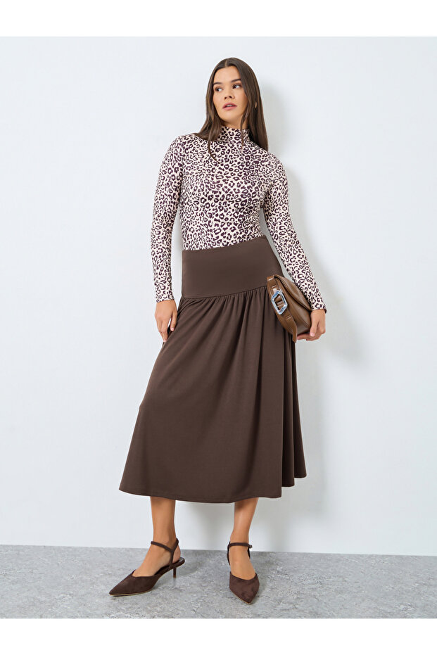 Brown Drop Waist A-Line Midi Skirt
