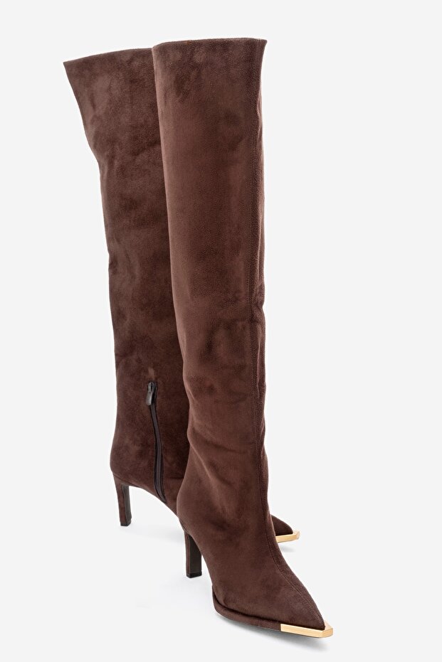 Vody Brown Suede Over-The-Knee Zippered Women's Heeled Boots