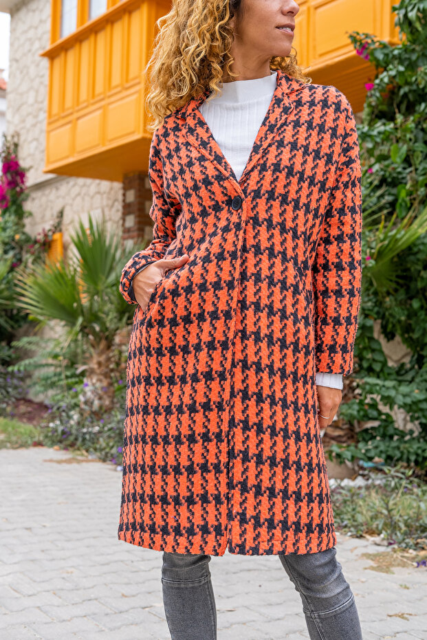 Women's Lined Crow Pattern Midi Length Coat with Pockets New700-3299