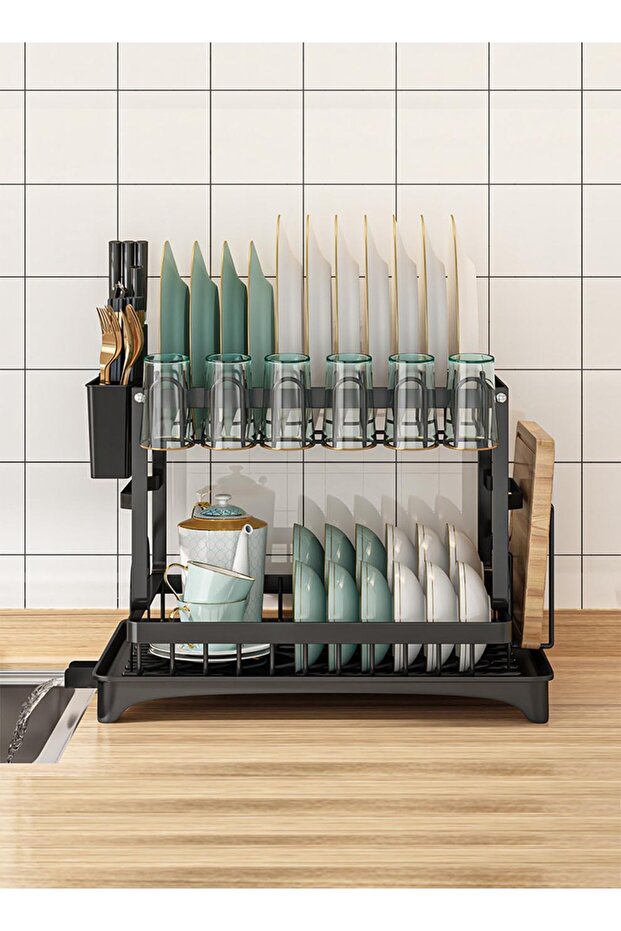 رف تجفيف أطباق كبير، منظم مطبخ من الفولاذ المقاوم للصدأ ذو طبقتين - 2