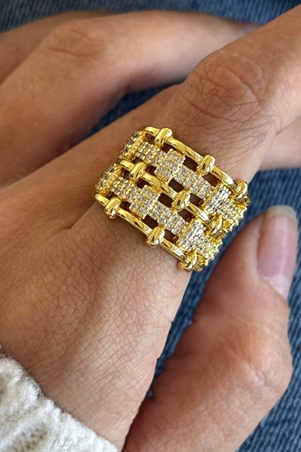 Adjustable Steel Ring with Gold Color Stone Detail