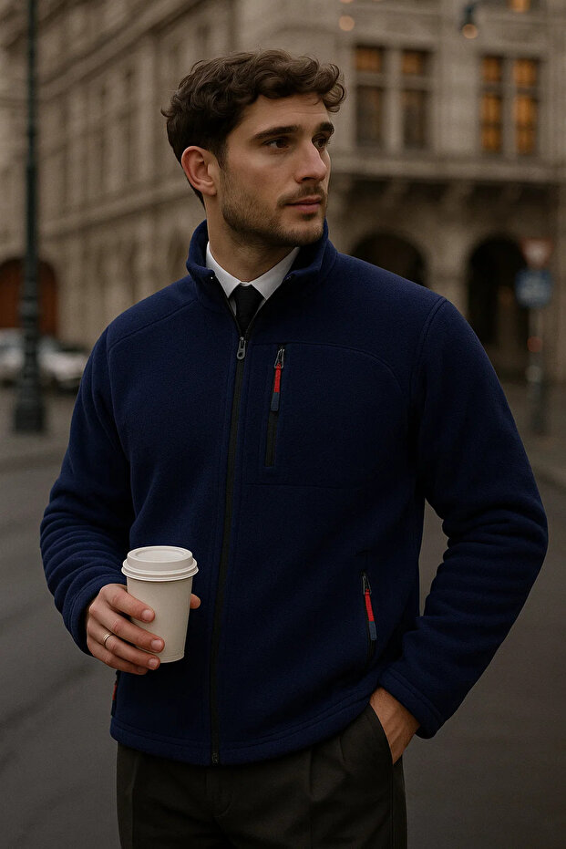 Men's Mock Neck Zippered Navy Blue Loose Fleece