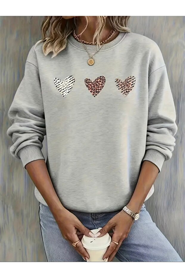 Heart Printed Oversize Unisex Women/Men's Crew Neck Sweatshirt
