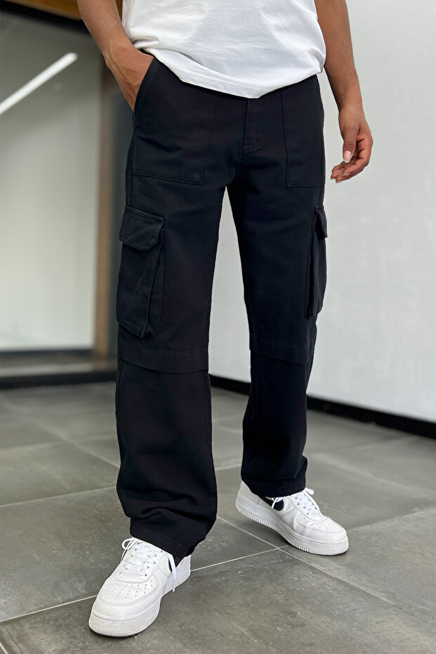 Men's Black Baggy Cargo Pants Cotton Fabric