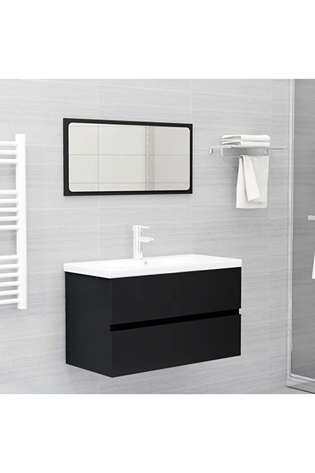 Bathroom Furniture Set Black Engineered Wood