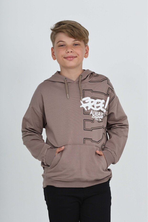 Bitter Brown Boy Oversized Hooded Pocket Low Shoulder Printed Sweatshirt - 2 Thread