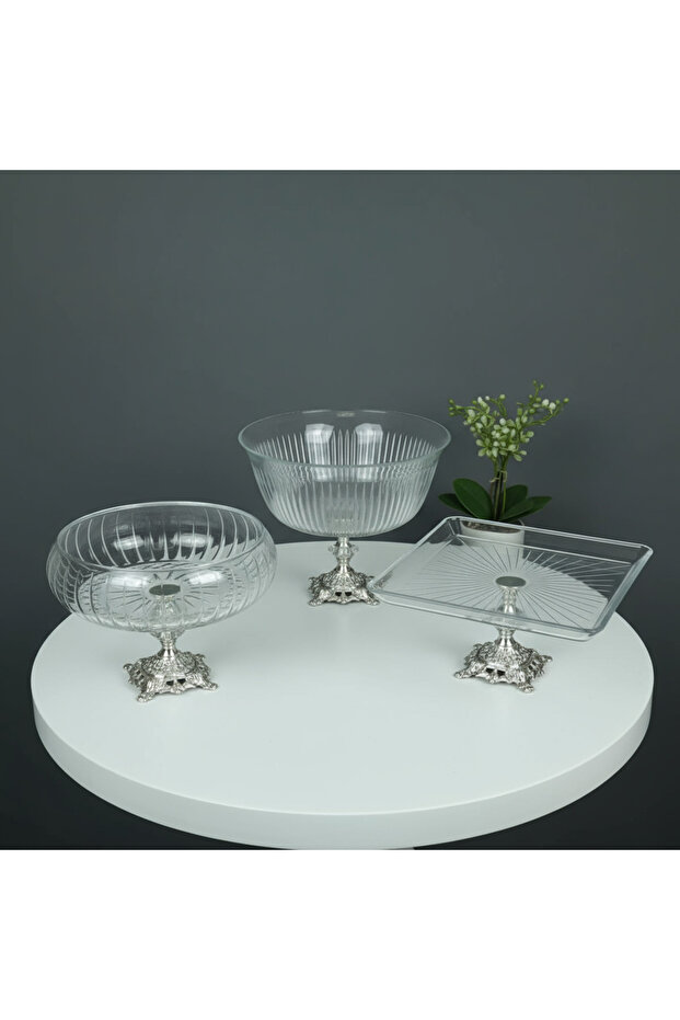 3 Piece Presentation and Serving Set with Silver-Detail Metal Legs