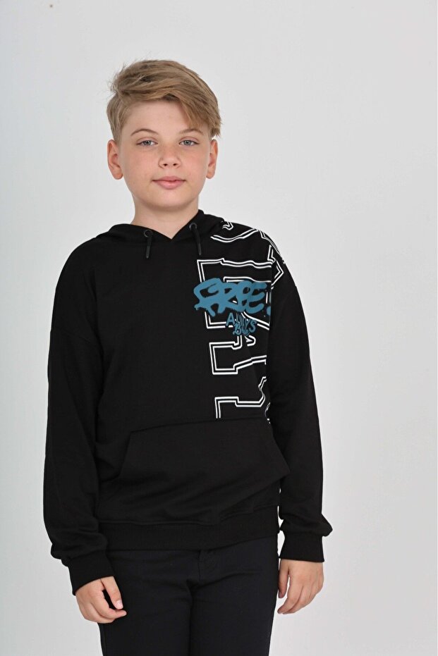 Black Boy Oversized Hooded Pocket Low Shoulder Printed Sweatshirt - 2 Thread