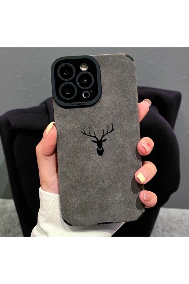 iPhone 14 Pro Max Compatible Deer Pattern Premium Suede Textured Camera Protected Case