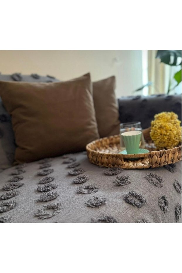 Flavia Pom-Pom Sofa Cover Anthracite 180*300