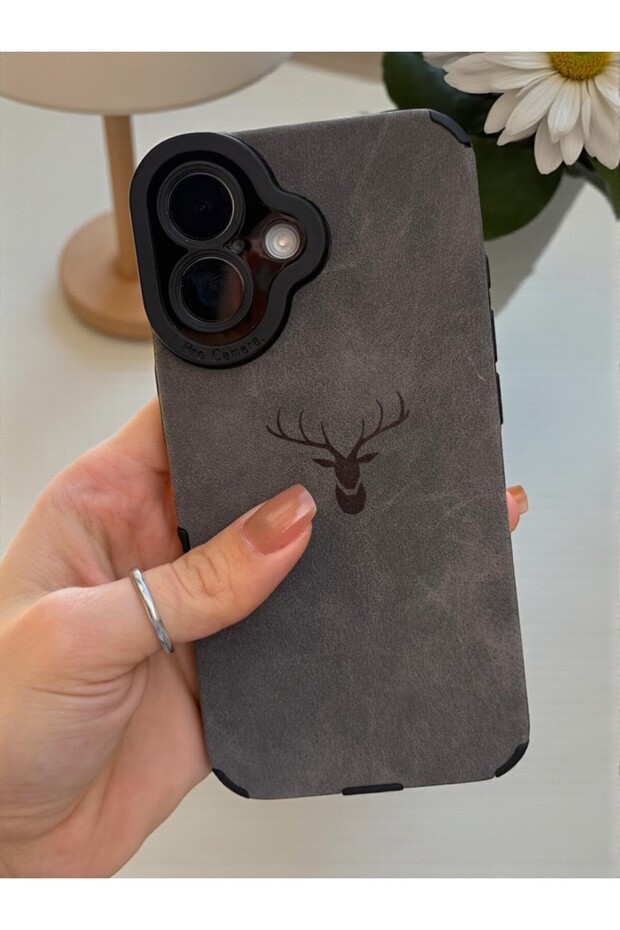 iPhone 16 Compatible Deer Pattern Premium Suede Textured Camera Protection Case
