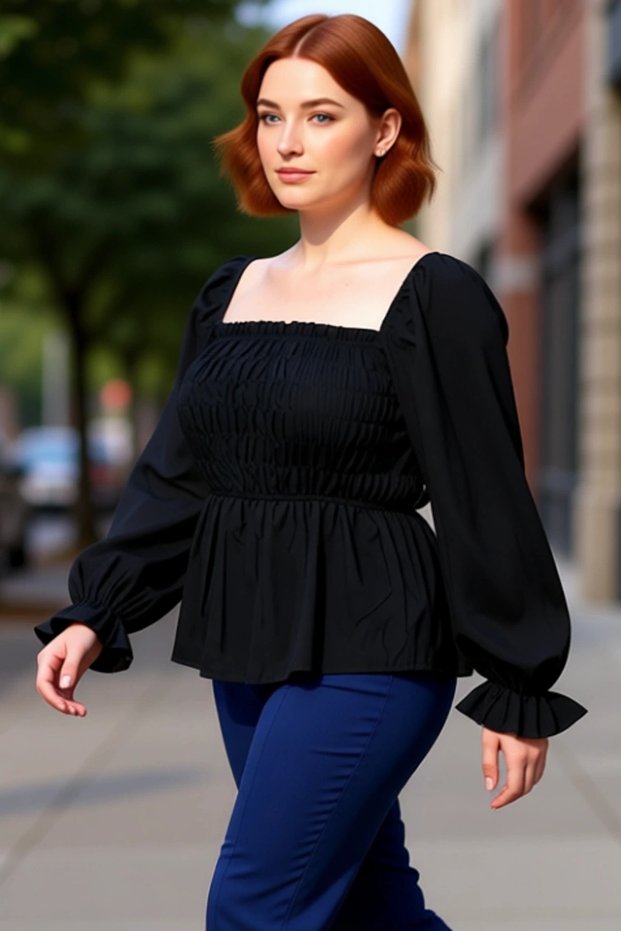 Women's Navy Blue Square Neck Gathered Sleeve Gipeli Woven Blouse A-Line Silhouette Crop Length Feminine Style