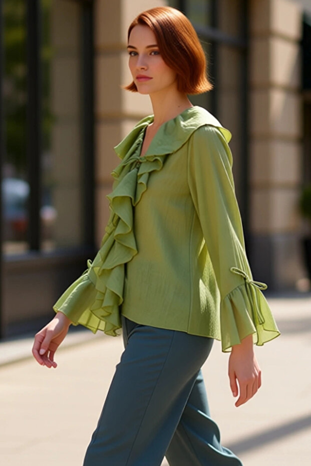 Women's V-Neck Lace-Up Long Sleeve Plain Woven Blouse Quality Stylish Comfortable Modern Elegant Casual