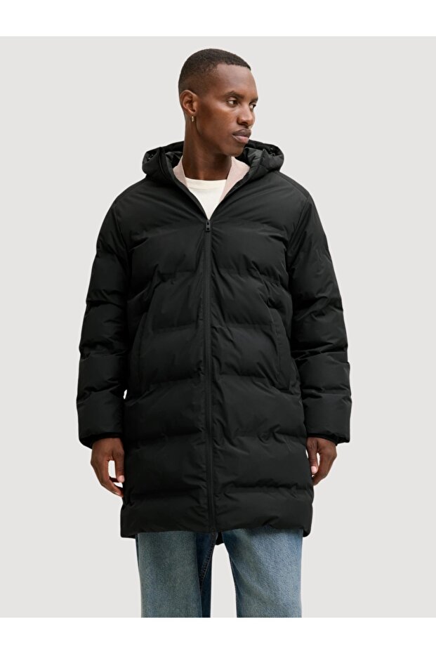 Jacket, JJESHOHO LONG PUFFER, men's hooded jacket with slant pockets, Black - 1