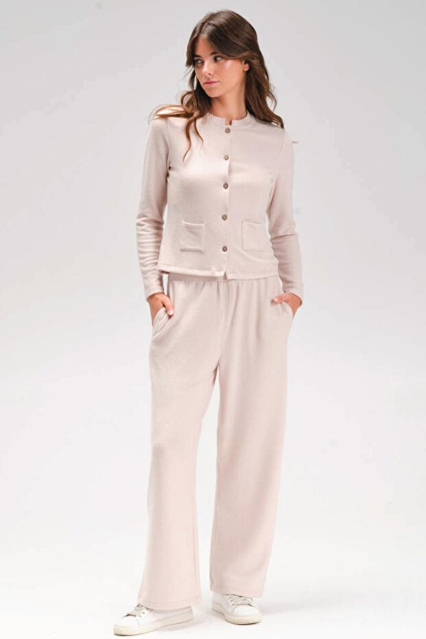 Women's Long Sleeve Front Button Jacket Wide Leg Ecru Two Piece Suit C0T3N1