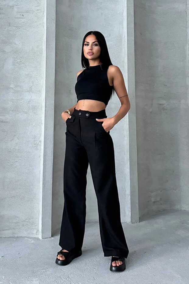 YÜKSEK BEL ÇİFT DÜĞMELİ CEP KAPAKLI PALAZZO PANTOLON - 3