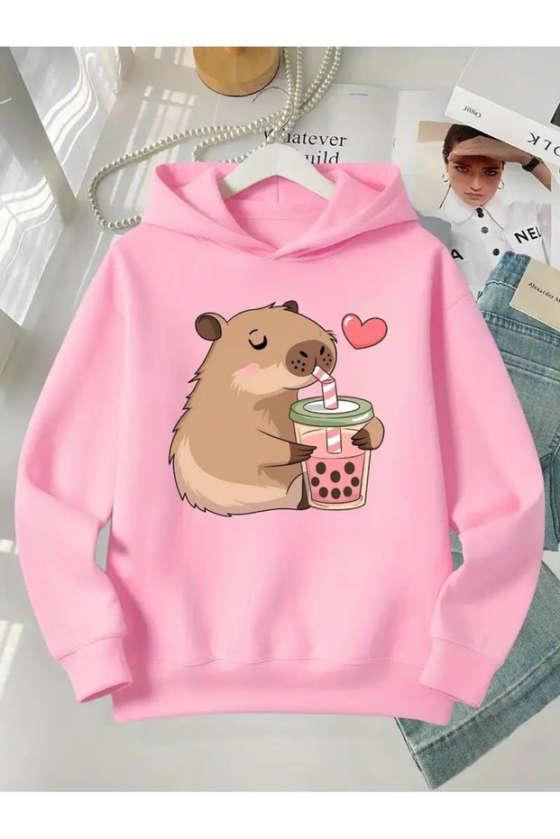 Cute Capybara & Boba Milk Tea Printed Hooded Sweatshirt - Hearted Winter Warm Capybara