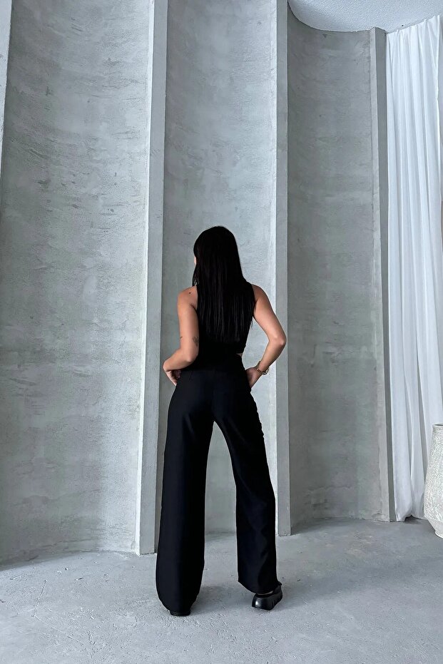 YÜKSEK BEL ÇİFT DÜĞMELİ CEP KAPAKLI PALAZZO PANTOLON - 4