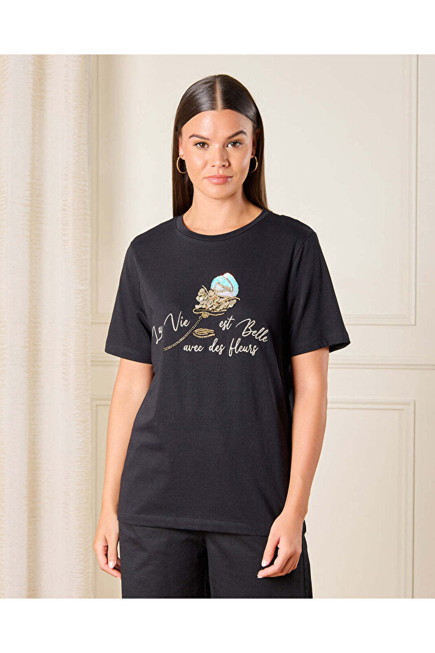 Women Black Embellished T-Shirt