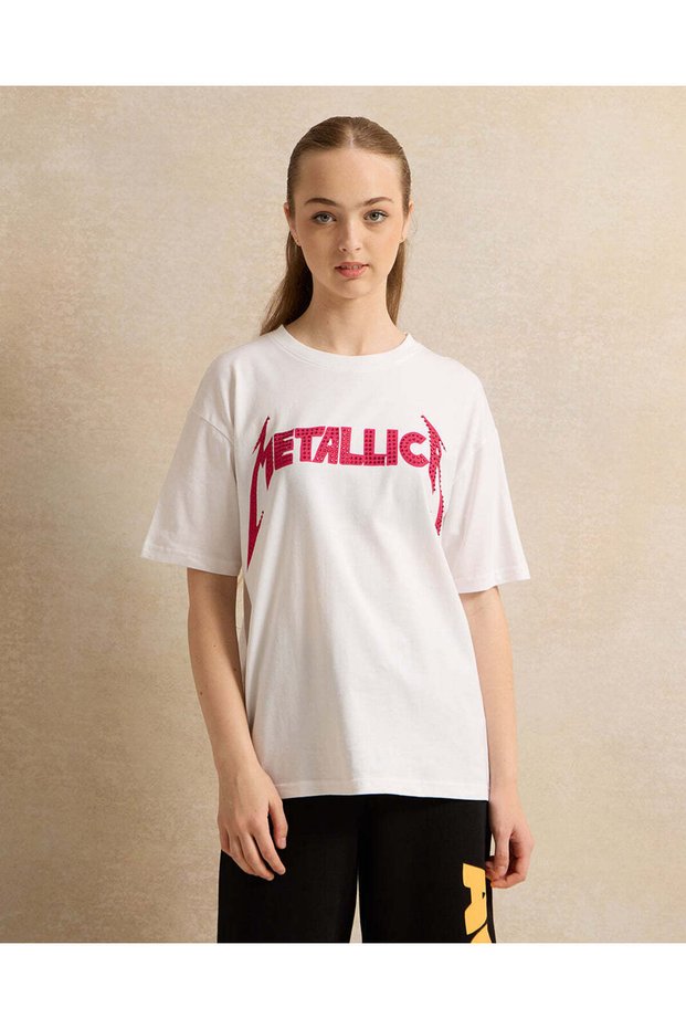Senior Girls White Metallica Print T-Shirt