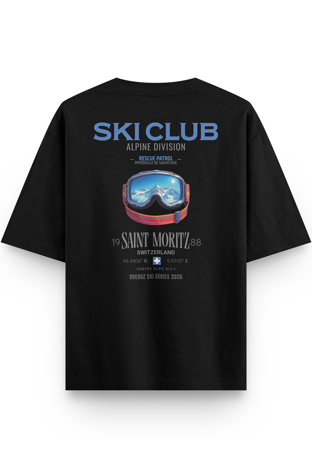 تي شيرت Ski Club Kayak Snowboard Back مطبوع Semi قصة فضفاضة باللون الأسود 1409