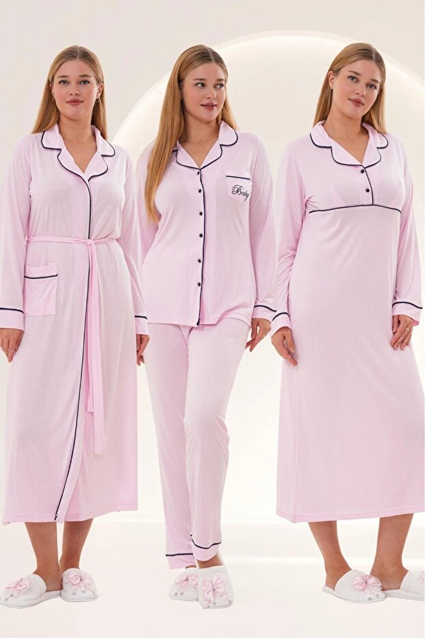 Women's Pink Shawl Collar Piped Special Design Maternity Pajama Set Nightgown 4-Piece Set