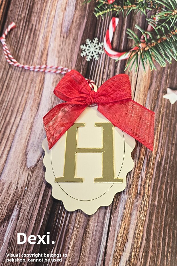 Initial Letter Bow Christmas Tree Ornament - Gold Initial Letter Red Bow Ribbon New Year Ornament