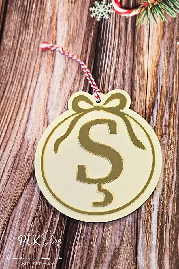 Initial Letter Round Model Bow Christmas Tree Ornament - Gold Initial Letter and Bow Design New Year Ornament